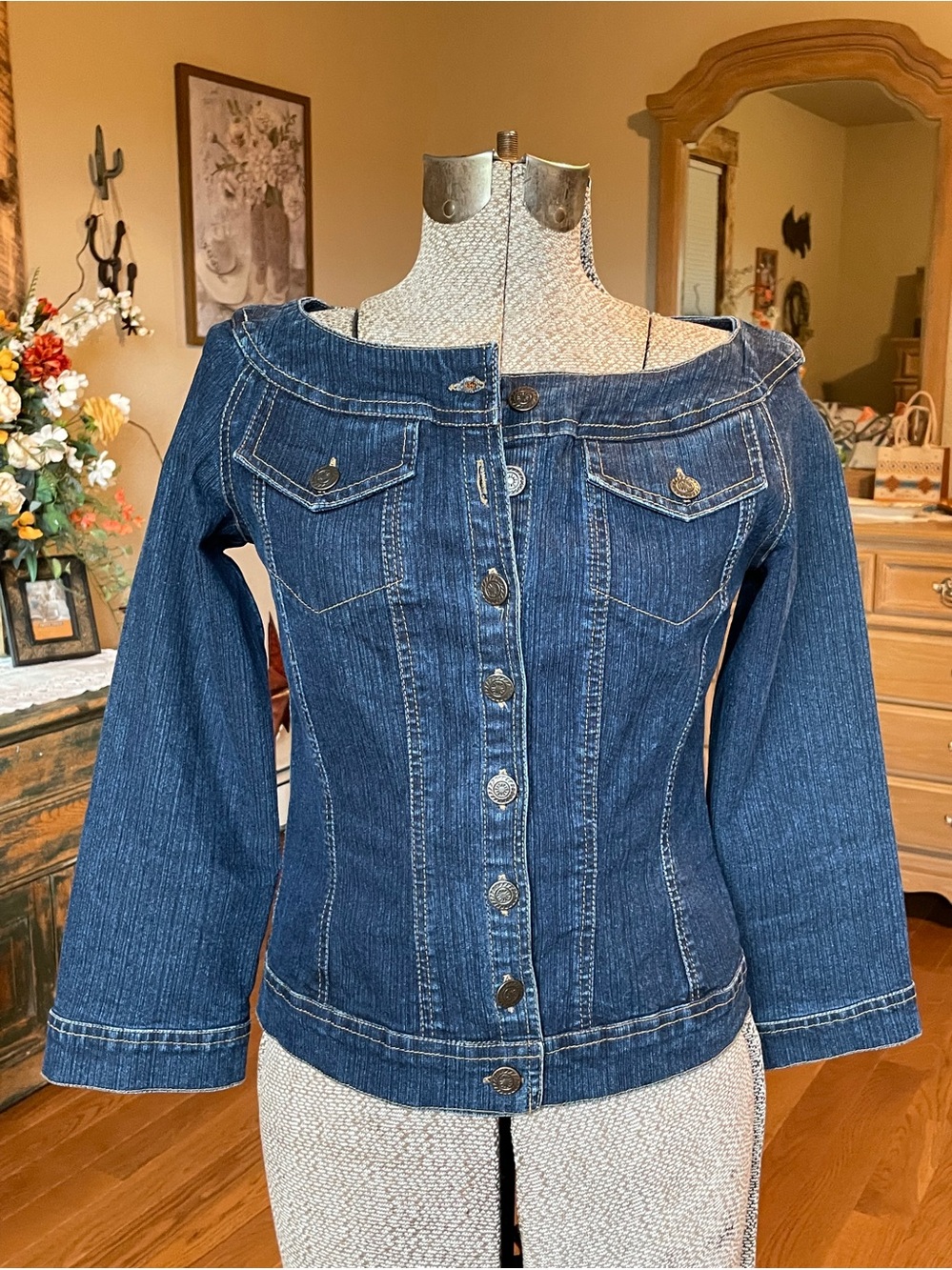 Soft Surroundings Dark Blue Off-Shoulder Denim Jacket